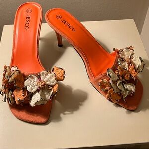Women's Orange & Cream Floral Heel Sandals by Jesco 6.5
